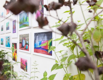 Obrazy na wystawie przesłonięte bluszczem i kwiatami.