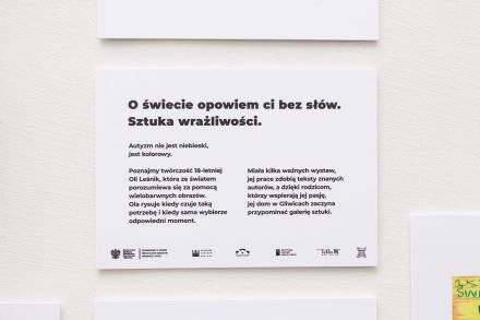 Tablica informacyjna, o czym jest wystawa "O świecie opowiem ci bez słów. Sztuka wrażliwości".