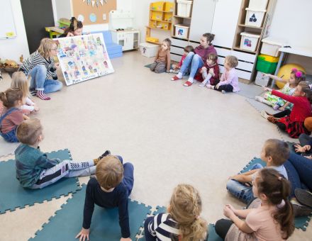 Dzieci siedzą w kole i rozmawiają o swoim plakacie.