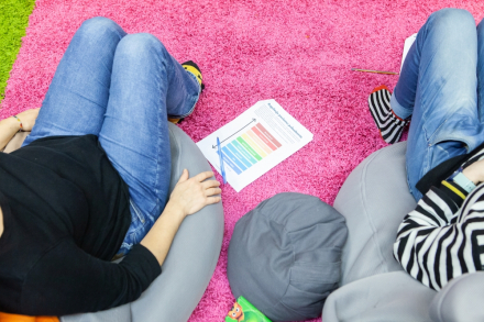 Zdjęcie zrobione z góry. Przedstawia nogi dwóch osób leżące na pufach, a pomiędzy nimi znajduje się kartka z kolorowymi notatkami.