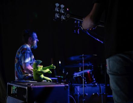 Scena jest słabo oświetlona. Na skrzyni siedzi pluszowa żaba.