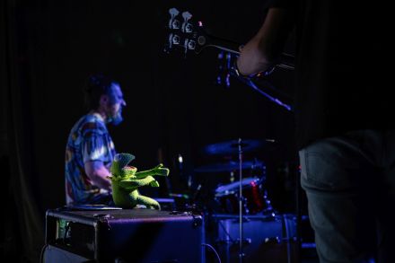 Scena jest słabo oświetlona. Na skrzyni siedzi pluszowa żaba.