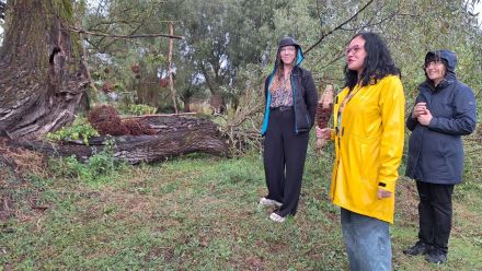 Kobieta w żółtym płaszczu trzyma w ręce wiklinową rybę. Opowiada o swojej pracy.