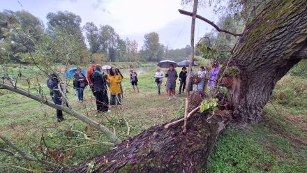 Uczestnicy warsztatów oglądają pracę jednej z uczestniczek wydarzenia.
