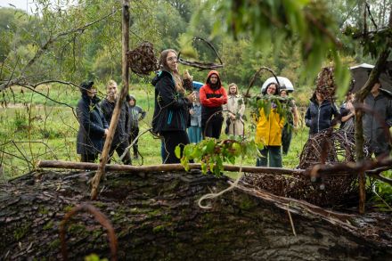 Do powalonego pnia drzewa zaczepione są koła z wikliny. Warsztatowicze podziwiają pracę.