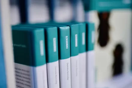 Okładki książki stoją na półce. 