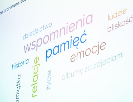 Zbliżenie na ekran rzutnika. Wyświetlone są krótkie hasła dotyczące zdjęć np. skończę album, posegreguję zdjęcia.