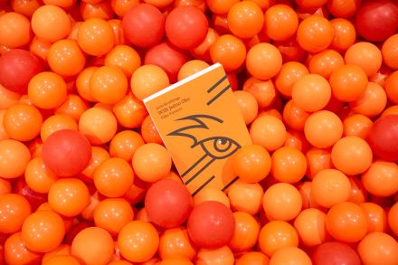 Książka z pomarańczową okładką i czarnymi elementami ustawiona wśród pomarańczowych, plastikowych piłeczek. 