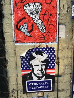 Na górnej części zdjęcia widnieje czerwony mural przypominający plakat z białą zdeformowaną  twarzą lub czaszką, która próbuje objąć małe białe serce z rączkami. Na dole zdjęcia widnieje plakat z czarno-białą podobizną  Donalda Trumpa  na tle amerykańskiej flagi. Przed nim na dole widnieje tabliczka z napisem ,,CTRL+ALT+PLuToCRat".