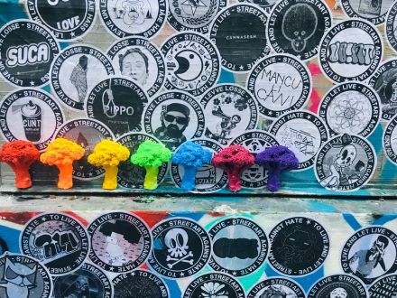 Ściana pokryta graffiti i zaklejona okrągłymi czarno-białymi naklejkami z różnymi obrazkami i napisami. Na murku,  stoją w rzędzie, brokuły pomalowane na kolory tęczy. 