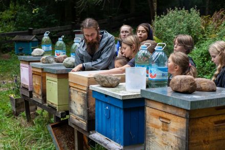 Na ulach leżą kamienie i stoją butelki z wodą. Dzieci wraz z pszczelarzem przyglądają się im.