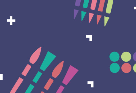 Grafika z fioletowym tłem, kołami, pędzlami oraz elementami loga Warsztatów Kultury.