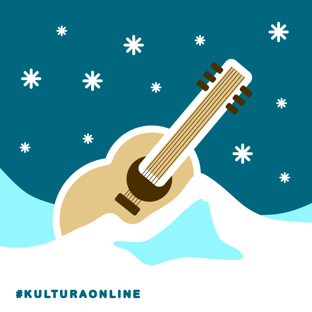 niebieskie niebo z białymi płatkami śniegu, biało-seledynowa zaspa śnieżna, ukulele w zaspie, napis #kulturaonline,