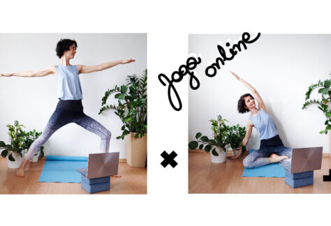 dwa obrazki, na obydwu ta sama kobieta ćwicząca jogę. na podłodze niebieska mata, wokół rośliny. przed kobietą na niewielkiej podstawce laptop.napis joga online