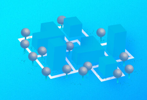 grafika w kolorystyce jasnoniebieskiej, z elementami szarego i białego. na jasnoniebieskim tle jasnoniebieskie prostopadłościany. pomiędzy nimi szare kule. schematyczny, uproszczony plan osiedla mieszkaniowego z alejkami i drzewami