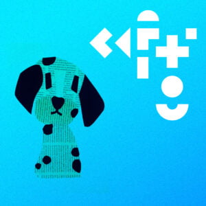 Pies wyklejony z wycinek gazet na niebieskim tle. W górnej części grafiki znajdują się geometryczne elementy.
