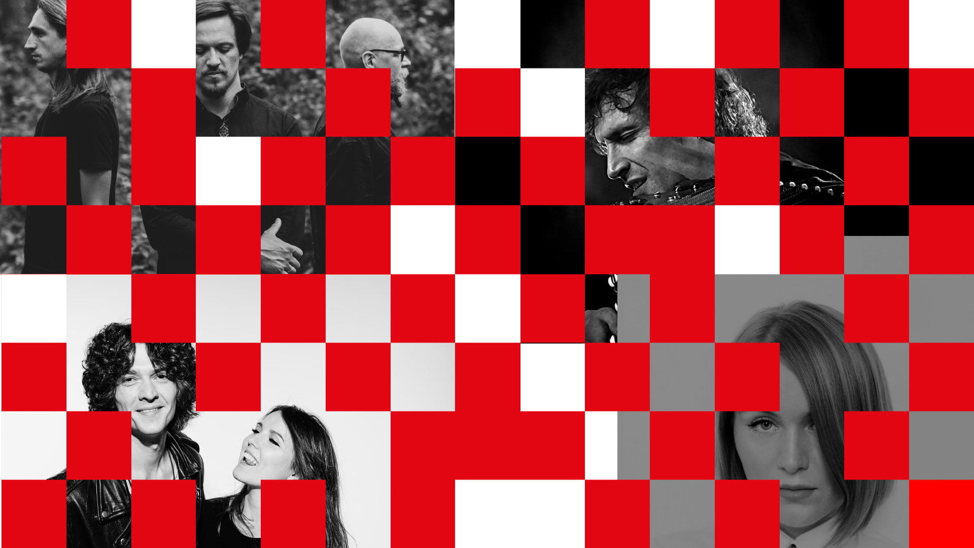 Grafika z czarno biało czerwonych kwadratów z przerwami na zdjęcia ludzi