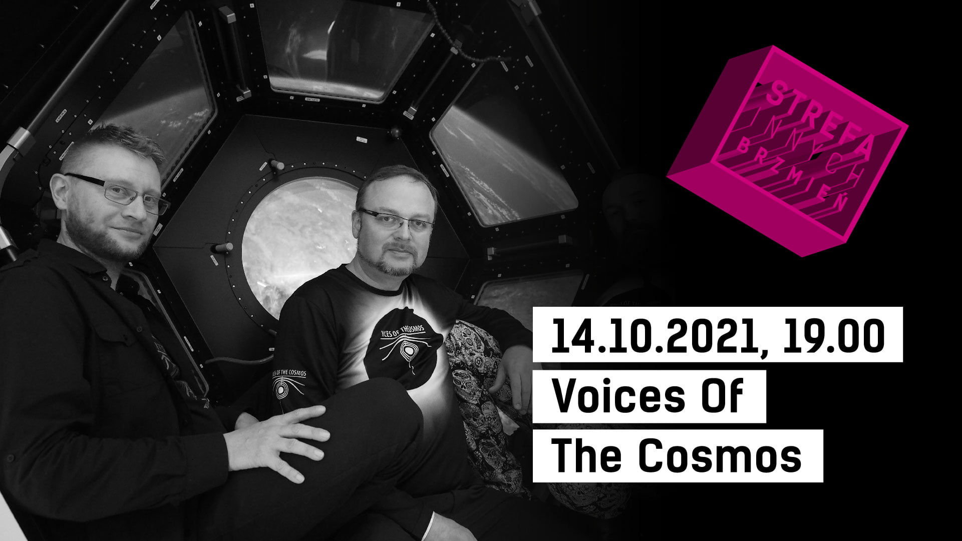 Zdjęcie trzech mężczyzn. logo Strefa Innych Brzmień oraz napis 14.10.2021, 19.00 Voices Of The Cosmos.