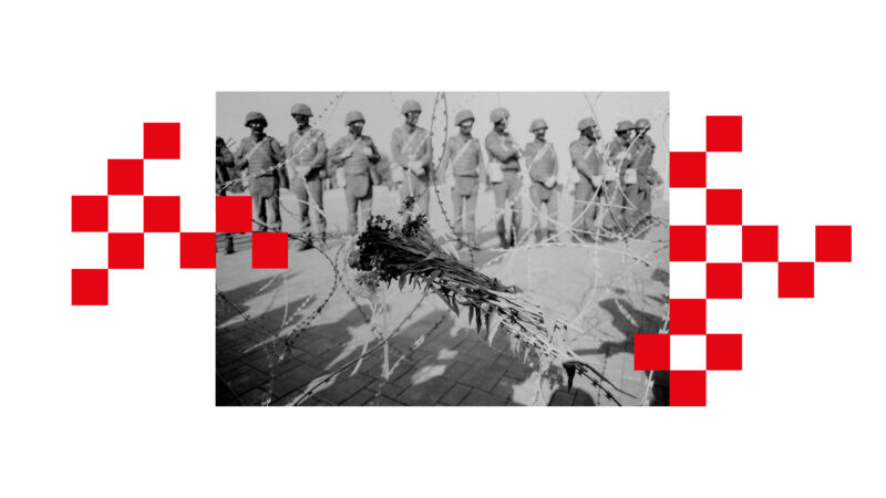 wysatwa kongres_newsletter Zdjęcie kwiatów na drucie kolczastym, w tle rząd żołnierzy. Po obu stronach zdjęcia czerwono białe kwadraty.