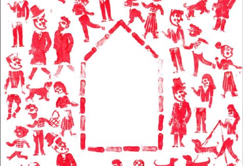 Grafika przedstawia czerwone sylwetki ludzi i zwierząt, którzy chodzą dookoła zarysu domu. Wszystko jest na białym tle.