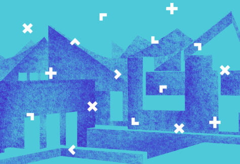 Na niebieskim tle niebieskie kształty geometryczne.