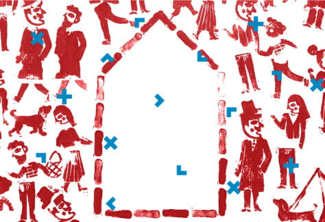 Na białym tle czerwone grafiki postaci, które chodzą dookoła domu.