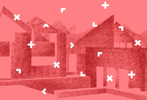 Na czerwonym tle czerwone kształty geometryczne.