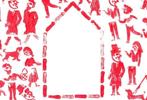 Grafika przedstawia czerwone sylwetki ludzi i zwierząt, którzy chodzą dookoła zarysu domu. Wszystko jest na białym tle.