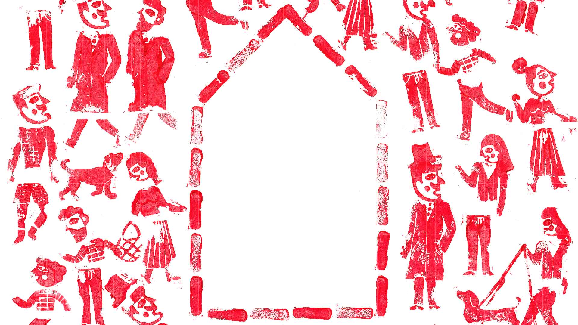 Grafika przedstawia czerwone sylwetki ludzi i zwierząt, którzy chodzą dookoła zarysu domu. Wszystko jest na białym tle.