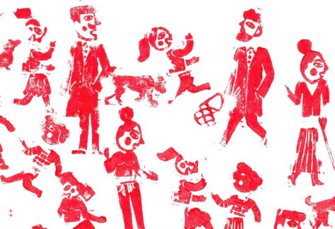 Grafika przedstawia czerwone sylwetki ludzi i zwierząt na białym tle.