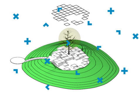 Grafika z szarymi budynkami, wokół których rozciąga się okrąg zieleni.