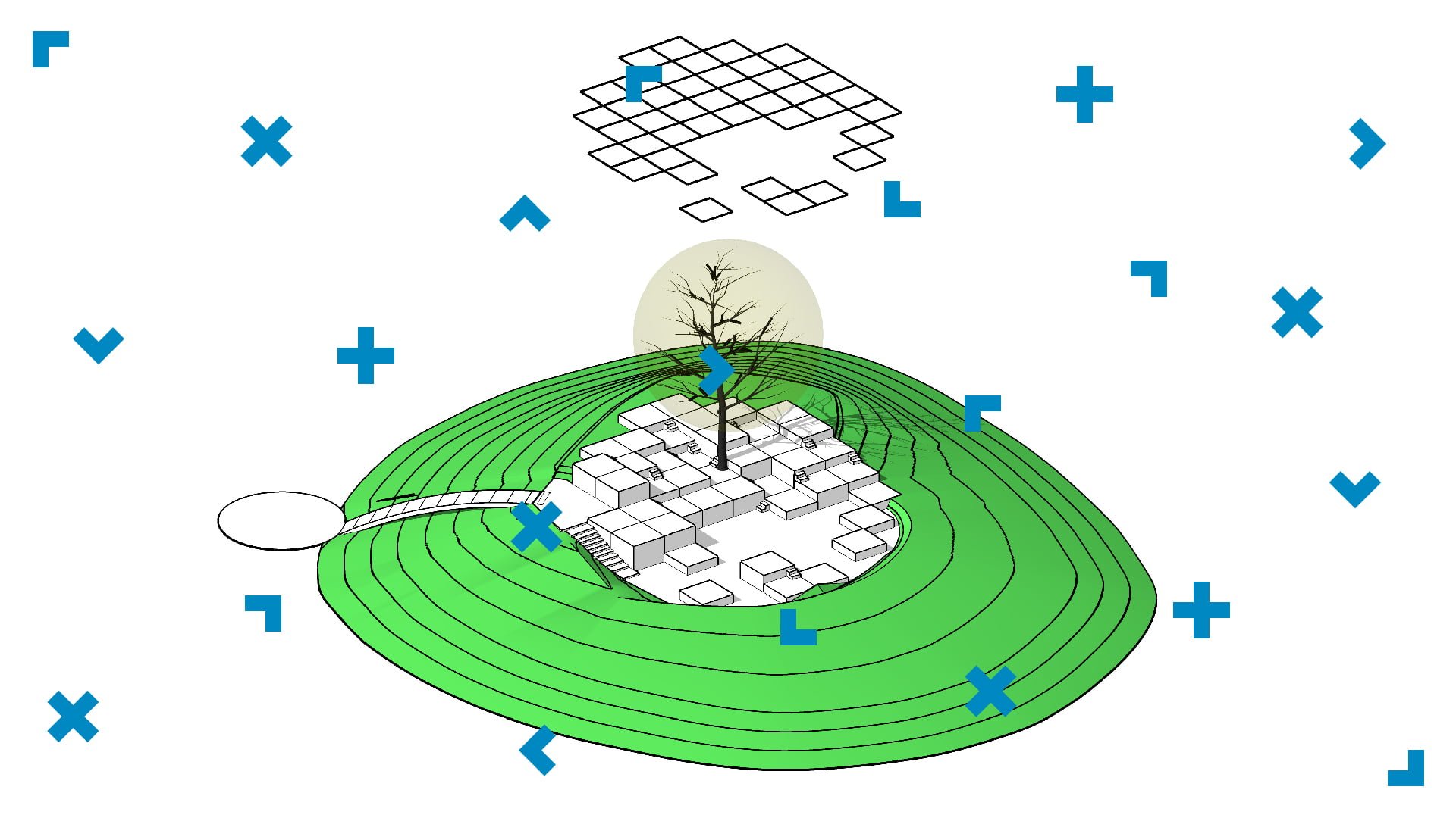 Grafika z szarymi budynkami, wokół których rozciąga się okrąg zieleni.