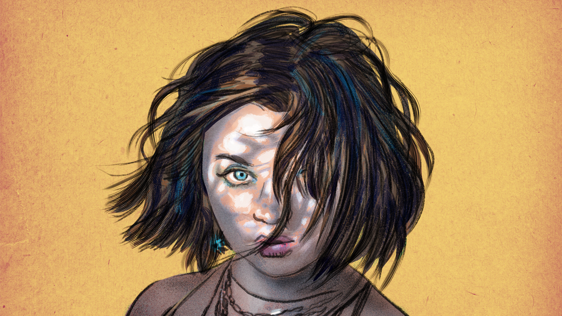 Grafika przedstawiająca portret kobiety z rozwianymi włosami.