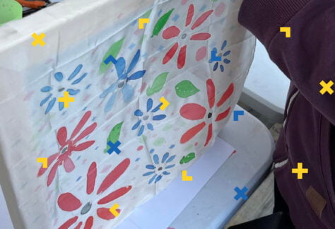 Tkanina pomalowana w kwiaty.