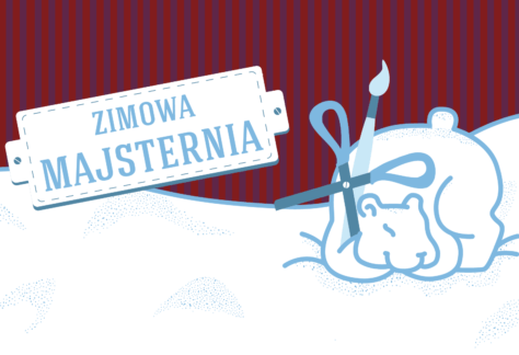 Ilustracja. Na śniegu leży biały niedźwiadek, trzyma pędzel i nożyczki. w tle czerwone pasy. Obok Napis "Zimowa Majsternia"
