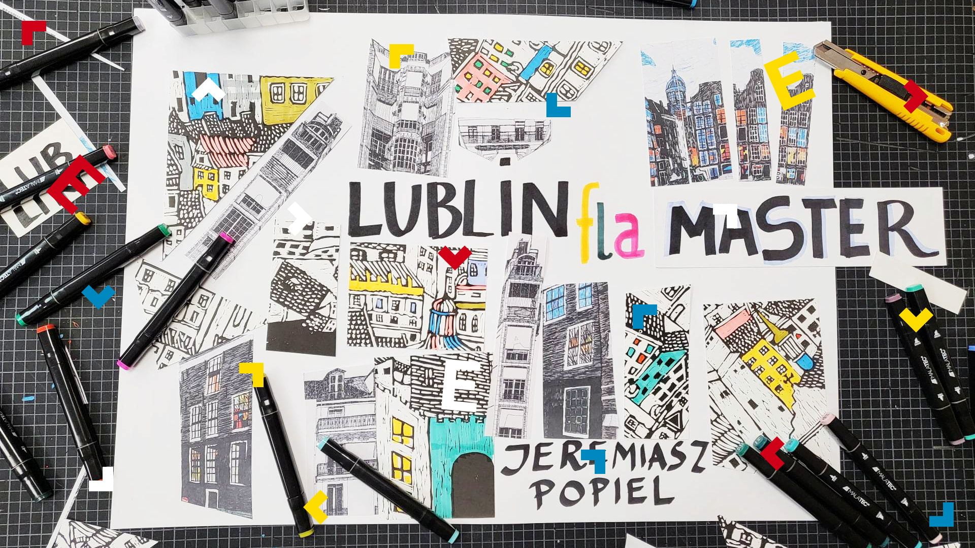 Grafika z plakatem oraz kolorowymi mazakami. Na plakacie jest napis "Lublin flaMaster".