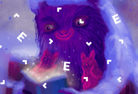 Grafika z fioletowym dużym potworem i dwoma małymi, różowymi potworkami, które czytają książkę.