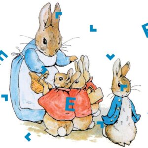 Grafika z rodziną królików. Mama królik przytula do siebie trzy małe króliki. Obok stoi starsze dziecko królik.