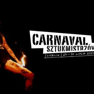 Kobieta połyka ogień. Logo Carnavalu Sztukmistrzów. 27-30 :ipca 2023 Lublin.