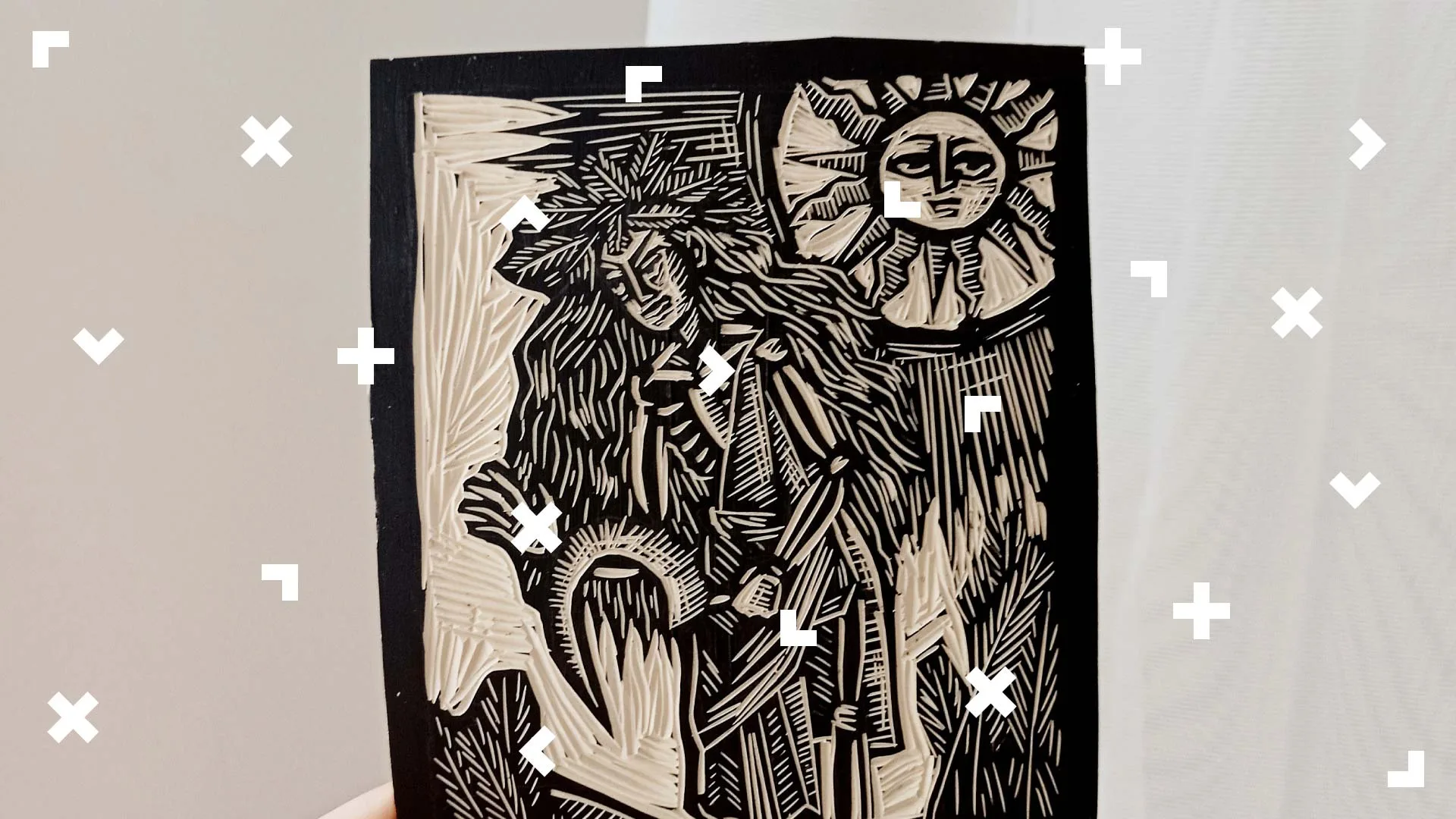 Drzeworyt ze słońcem oraz tajemniczą postacią.