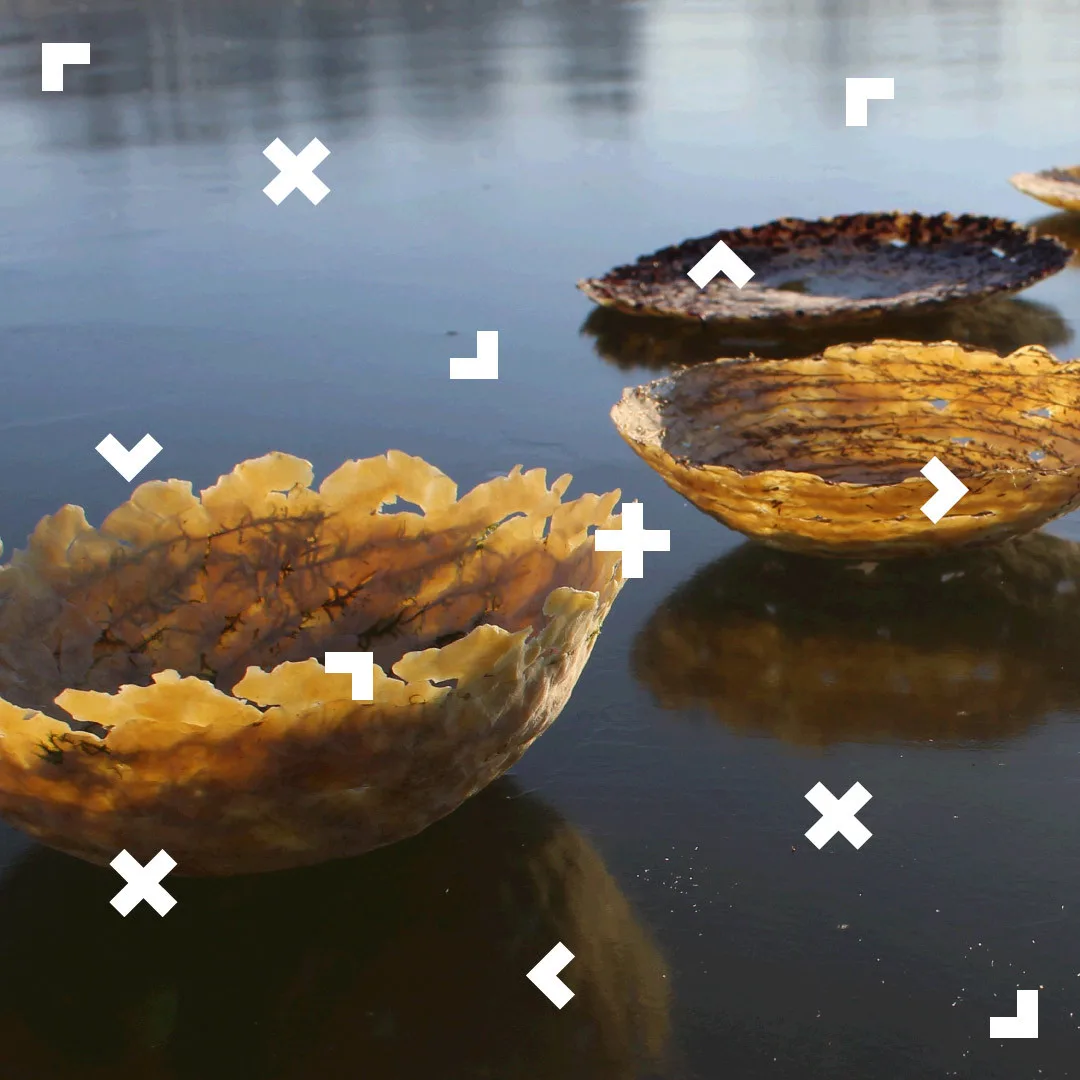 Na wodzie unoszą się cztery półokrągłe łódki przypominające głębokie talerze. Są wykonane z naturalnych elementów, prawdopodobnie jest to odlew z gliny.