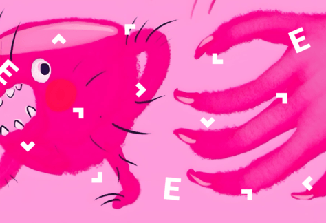 Grafika z ręką, która próbuje złapać uciekającą filiżankę. Filiżanka ma oczy i zęby jak żywa postać.