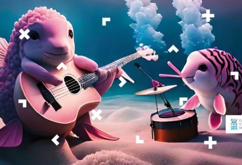 Grafika przedstawia dwie różowe rybki grające na gitarze i małej perkusji pod wodą.