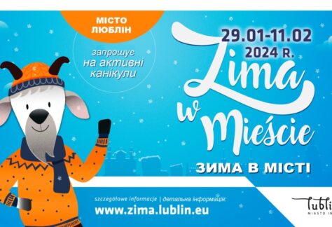 Grafika z koziołkiem reklamująca warsztaty Zima w mieście.