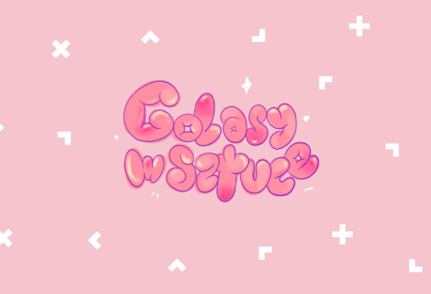 Różowa grafika z napisem "Golasy w sztuce".