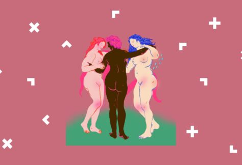 Grafika z trzema nagimi kobietami, które tańczą w kole.