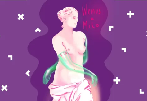 Grafika z pomnikiem Ateny i dorysowanymi do niej zielonymi rękami. Tło ma dwa odcienie fioletu.