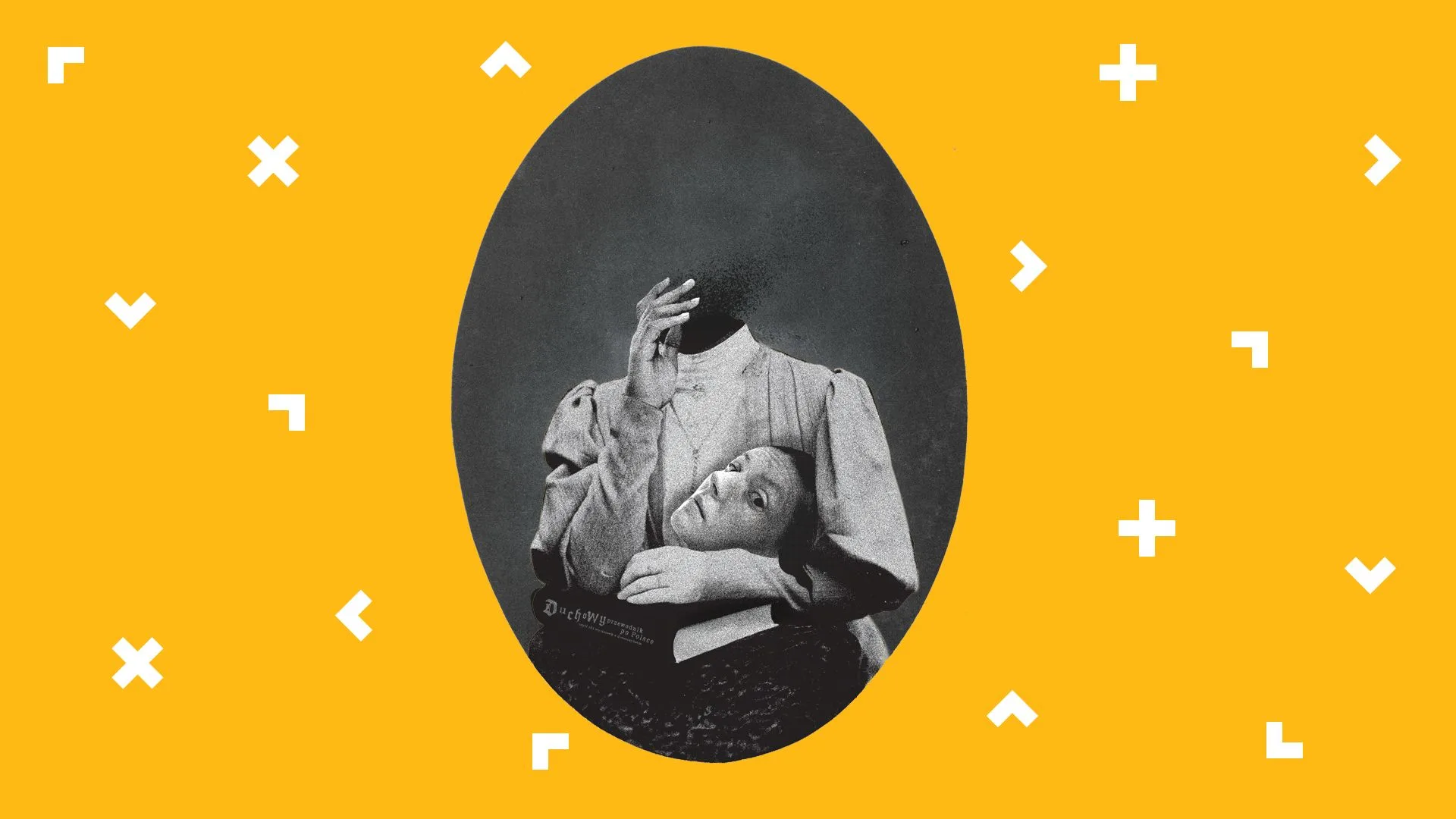 Grafika z czarno-białym obrazkiem postaci bez głowy. Elegancko ubrana postać trzyma swoją głowę pod pachą, na książce.