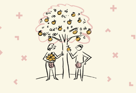 Grafika z kobietą, która podaje mężczyźnie jabłko.