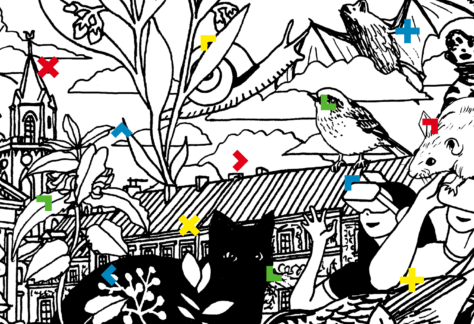 Kolorowanka ze zwierzętami, domem i roślinami.